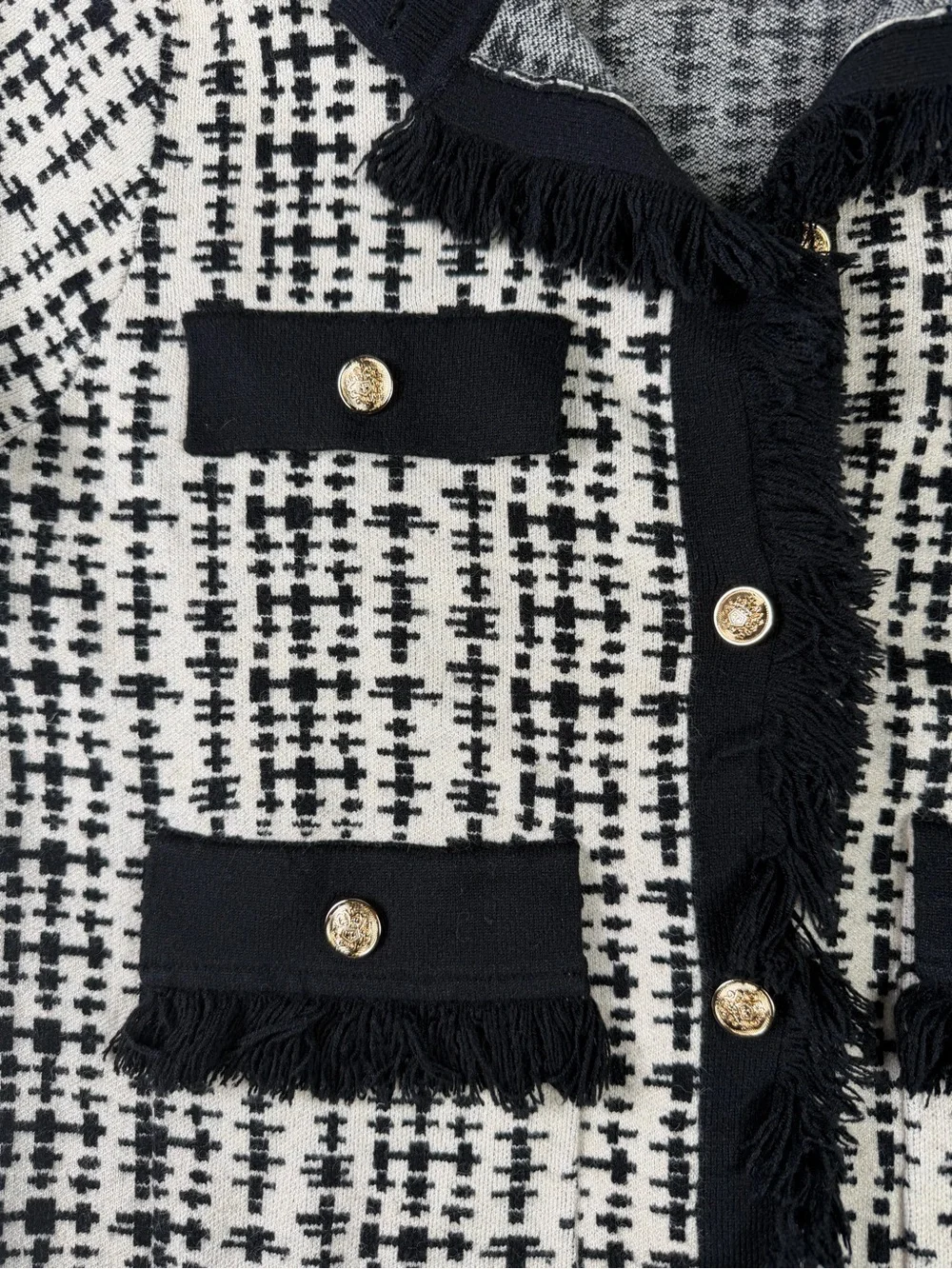 Luxury Black & Cream Tweed-Style Fringe Knit Cardigan with Hold Buttons- Perfect
